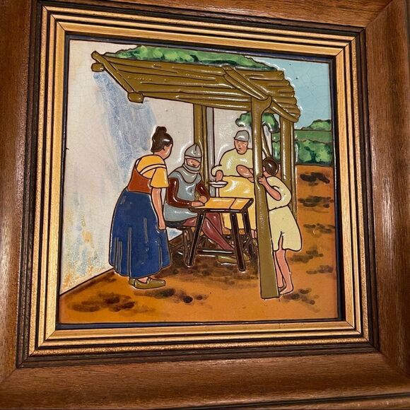 Antique Don Quixote Scene 8” Enameled Clay 8” Square Tiles Custom Framed - Picture 4 of 16